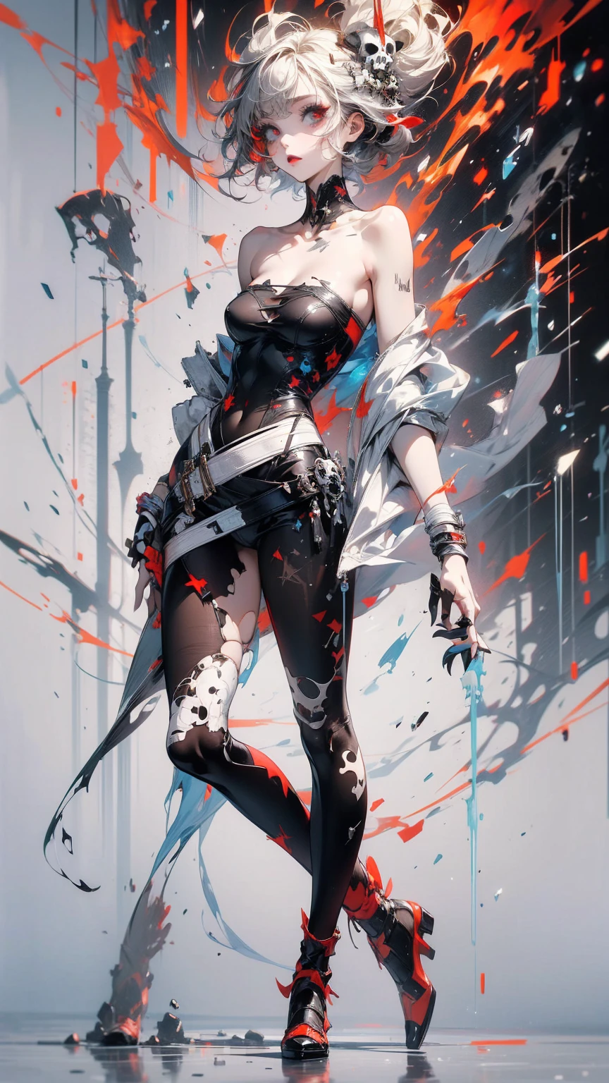 (masterpiece, High resolution, highest quality), Structure from head to thighs:1.3, Focus on the upper body, Skull with short hair, Avant-garde makeup, fashionable, Disorganized, abstract design, artistic juxtapositions, High contrast, mixed-media approach, Anime Style, Simple lines, Digital Painting,