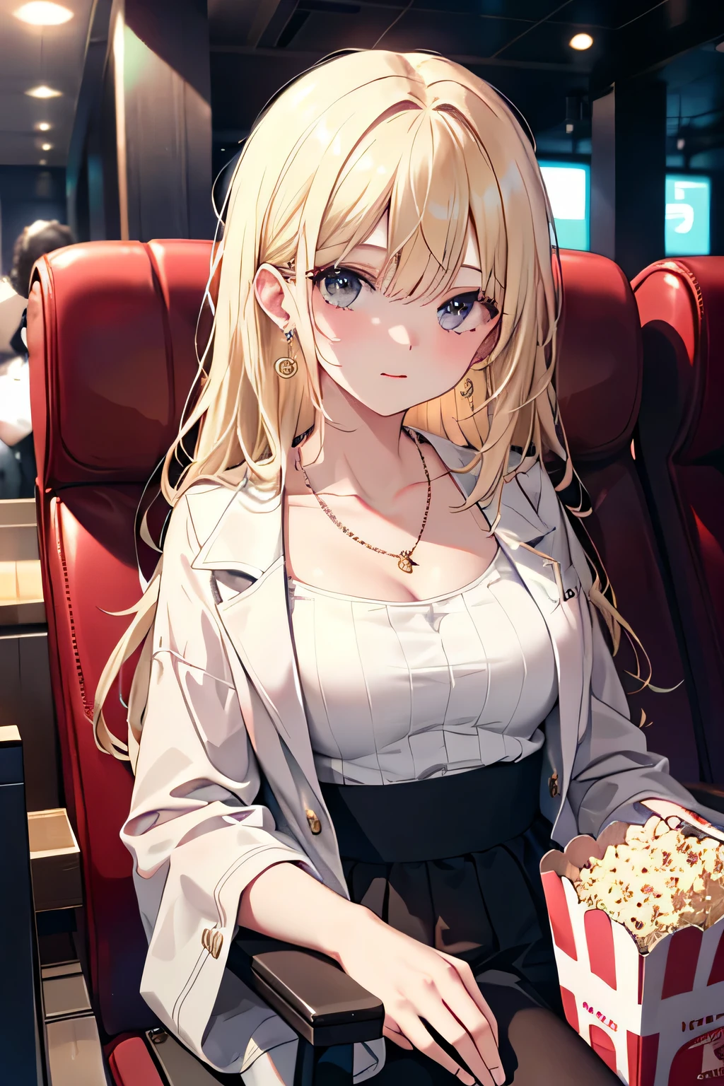 ((highest quality)), ((masterpiece)), (detailed), Perfect Face、movie theatre、The woman sitting next to me、LOL、blonde、Straight Hair、Earrings、necklace、Popcorn、