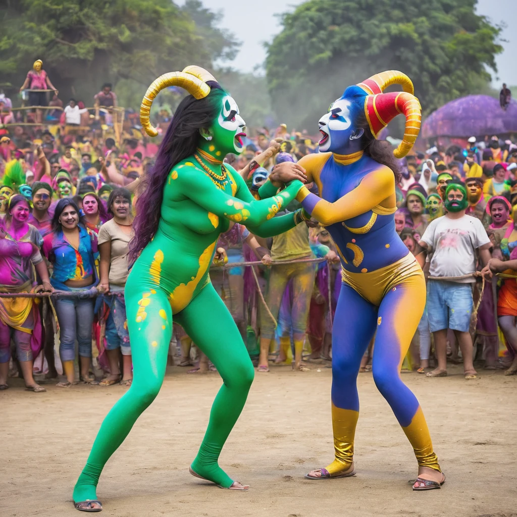 (2 women, Desi, 40, average build, hair and outfit appropriate to scene) are in body paint as jesters, they are wrestling for a crowd of rowdy aliens