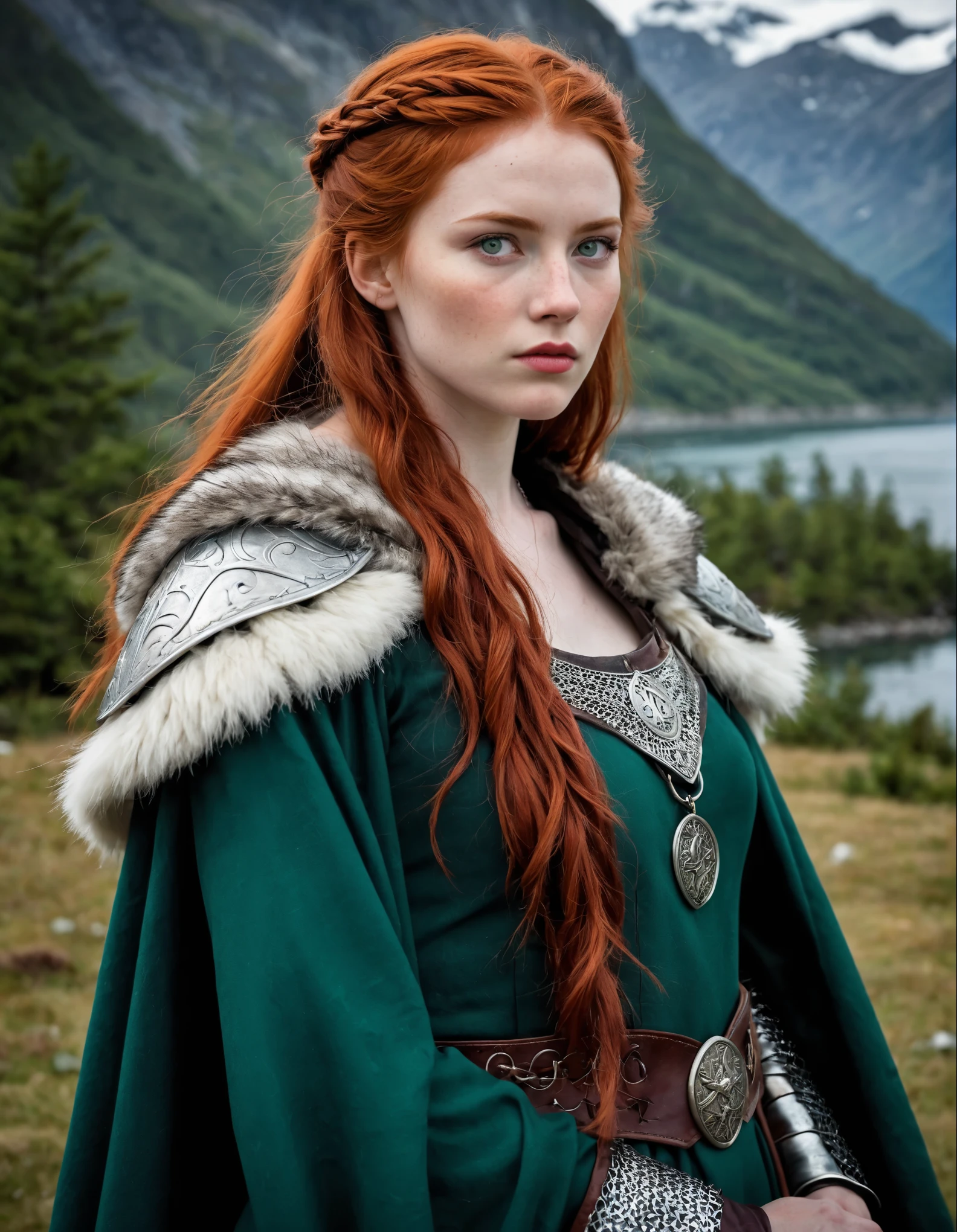 A warrior ((seductive under 18))  queen, a vision of strength and confidence. Fiery red hair cascades down her shoulders. Pale skin, etched with the resilience of the north, is dusted with a hint of freckles. Piercing green eyes sparkle with unwavering determination. Clad in sleek silver chainmail that accentuates her powerful form, she commands respect and admiration. A fur-lined cloak, the pelt of a mighty wolf, adds a touch of wildness to her regal presence. A Viking horn rests confidently in her hand, a symbol of leadership. The scene unfolds before a formidable Viking longhouse, a testament to her proud heritage. Snow-capped mountains rise majestically beside a majestic fjord, reflecting the fiery spirit in her eyes.