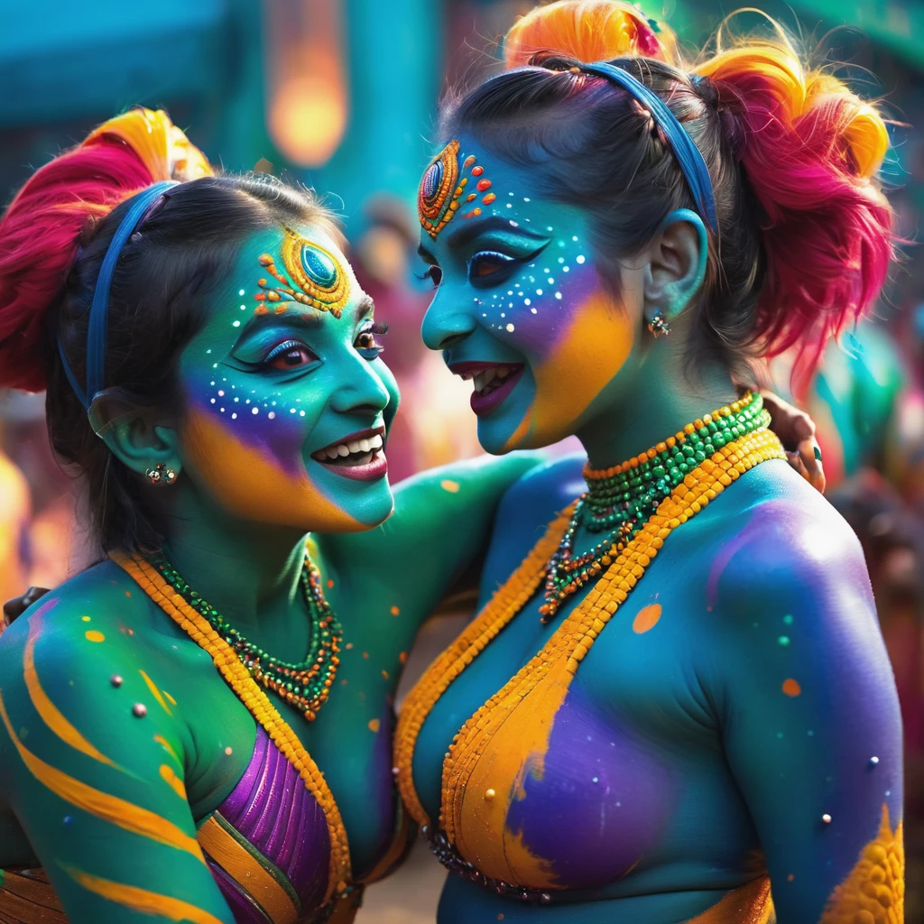 "(best quality, highres, ultra-detailed), 2 women, Desi, 40, average build, in colorful body paint,(playful, vibrant) jesters, wrestling for a crowd of rowdy aliens, in an(otherworldly) atmosphere,(fantastical, whimsical) outfits, (elaborate face makeup), (bright, vivid) colors, lively expressions, (dynamic poses), (mysterious, ethereal) lighting"