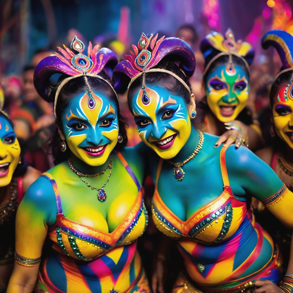 "(best quality, highres, ultra-detailed), 2 women, Desi, 40, average build, in colorful body paint,(playful, vibrant) jesters (costume is entirely body paint), wrestling for a crowd of rowdy aliens, in an(otherworldly) atmosphere,(fantastical, whimsical) outfits, (elaborate face makeup), (bright, vivid) colors, lively expressions, (dynamic poses), (mysterious, ethereal) lighting"
