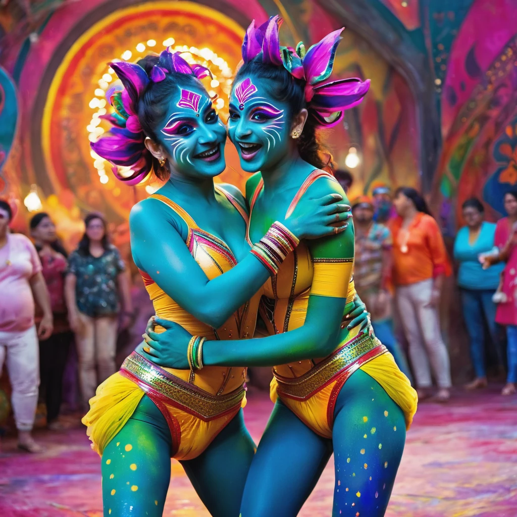 "(best quality, highres, ultra-detailed), 2 women, Desi, 40, average build, in colorful body paint,(playful, vibrant) jesters, wrestling for a crowd of rowdy aliens, in an(otherworldly) atmosphere,(fantastical, whimsical) outfits, (elaborate face makeup), (bright, vivid) colors, lively expressions, (dynamic poses), (mysterious, ethereal) lighting"