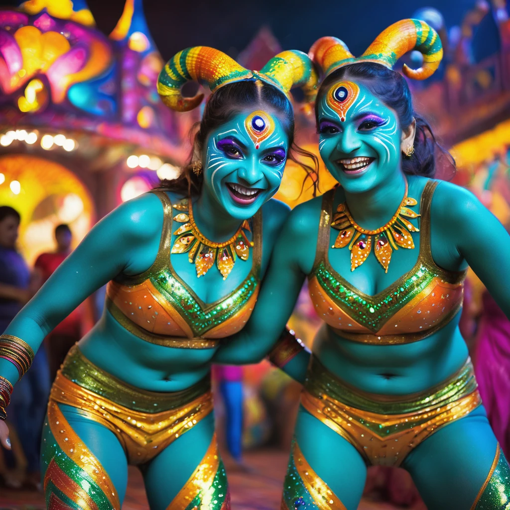 "(best quality, highres, ultra-detailed), 2 women, Desi, 40, average build, in colorful body paint,(playful, vibrant) jesters, wrestling for a crowd of rowdy aliens, in an(otherworldly) atmosphere,(fantastical, whimsical) outfits, (elaborate face makeup), (bright, vivid) colors, lively expressions, (dynamic poses), (mysterious, ethereal) lighting"