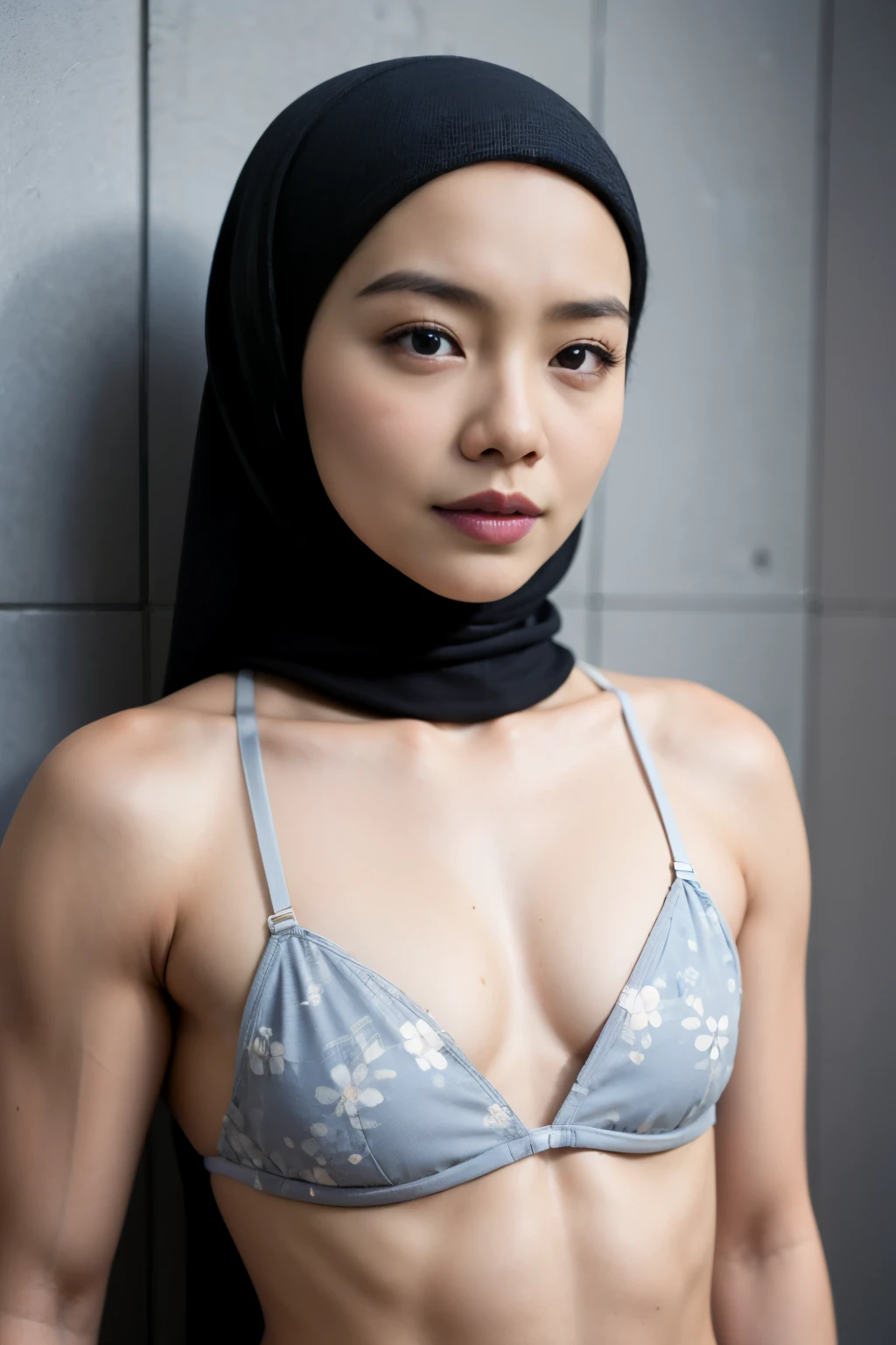 ((flat chest:1.8)), see-through T-shirt, Bodybuilder Naked, (((HIJAB MALAY GIRL))), masutepiece, High quality, UHD 32K, Realistic face, Realistic skin feeling , A Japanese Lady, 8 years old, , Very cute and baby-like face, (((FLAT CHEST))), (MATRIX WORLD), ((look In front  at the camera and SADNESS)), ((())), (((CUTE GIRL))), ((BLUE LIPS)), ((Floral Pattern)) little Bodybuilder, lingerie