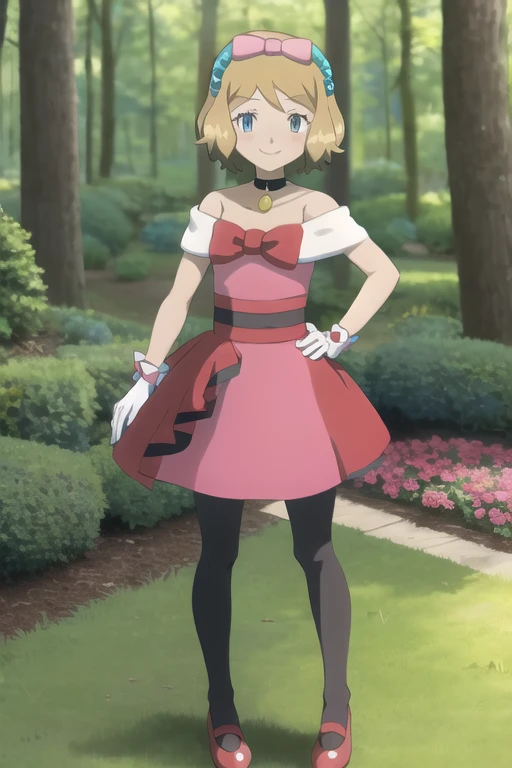 masterpiece, best quality, 1girl,serena \(pokemon\), short hair, blonde hair, blue eyes, eyelashes, black choker, hair bow, dress, collarbone, white gloves, brown pantyhose, red shoes, hands on hips, smile, looking at viewer, solo, forest background 