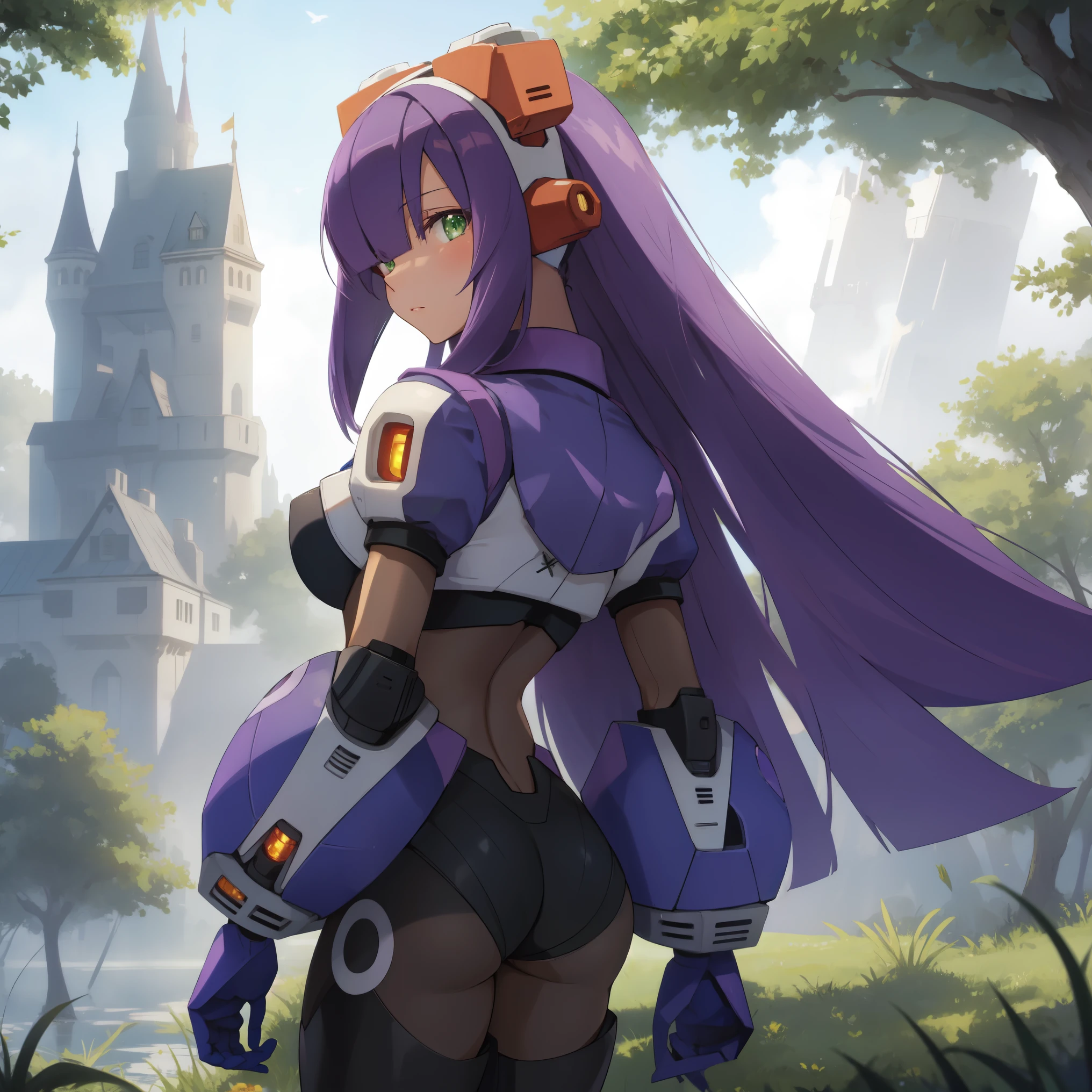 layer_megamanx, 1girl, solo, long hair, purple hair, green eyes, blunt bangs, hair over eyes, large breasts, dark skin, dark-skinned female, android, underboob, robot ears, high quality, masterpiece, standing next to a swamp and castle surrounded by mist, outdoors, tree, solo, from behind, bird, facing away, scenery