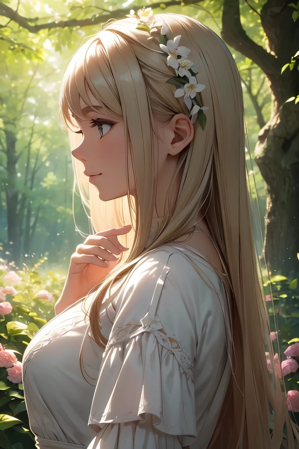 (best quality,4k,8k,highres,masterpiece:1.2),ultra-detailed,(realistic,photorealistic,photo-realistic:1.37),girl,side view,side view profile,detailed eyes,detailed lips,garden background,vibrant colors,soft lighting,ethereal mood,flowers in her hair,flowing dress,gentle breeze,peaceful atmosphere,natural beauty,long flowing hair,dainty fingers,subtle smile,sunlight filtering through trees,warm summer day,serene expression,magical ambiance