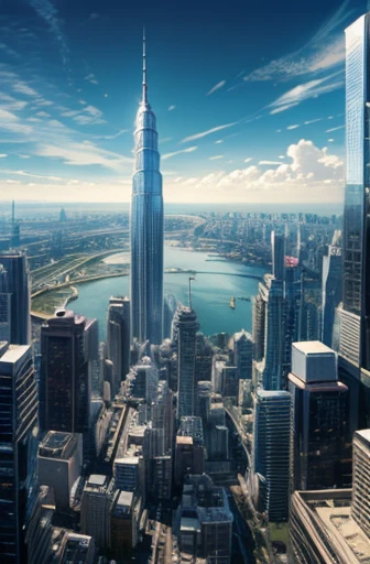 Draw a picture of everyday life in a future city。skyscraper、Flying Car、Now imagine a landscape filled with amazing technology.