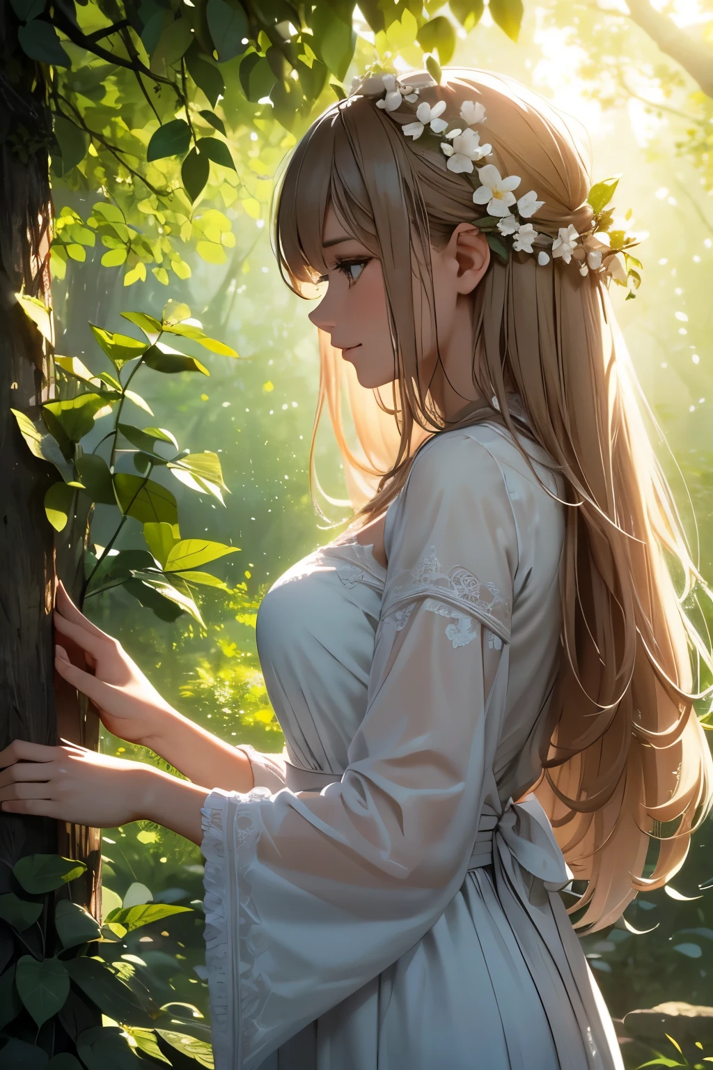 (best quality,4k,8k,highres,masterpiece:1.2),ultra-detailed,(realistic,photorealistic,photo-realistic:1.37),girl,side view,side view profile,detailed eyes,detailed lips,garden background,vibrant colors,soft lighting,ethereal mood,flowers in her hair,flowing dress,gentle breeze,peaceful atmosphere,natural beauty,long flowing hair,dainty fingers,subtle smile,sunlight filtering through trees,warm summer day,serene expression,magical ambiance