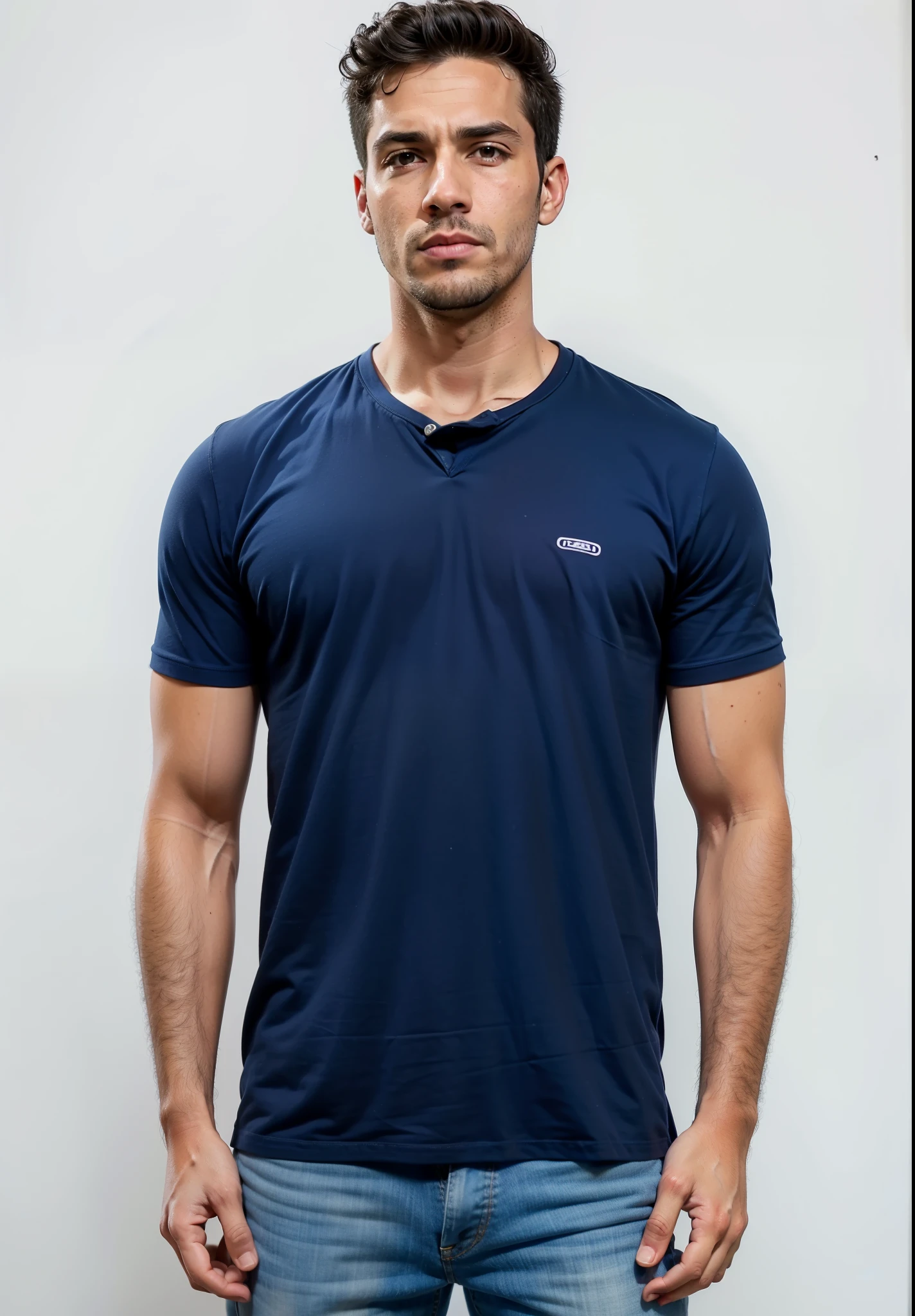 a man in a blue shirt and jeans stands with his hands in his pockets, Manga curta, azul-marinho, azul-marinho, camisa azul marinho, sport camiseta, wearing a camiseta, camiseta azul justa, camiseta, camiseta, wearing a dark blue polo shirt, camisa azul escura, em fundo cinza, foto do produto, Solid color