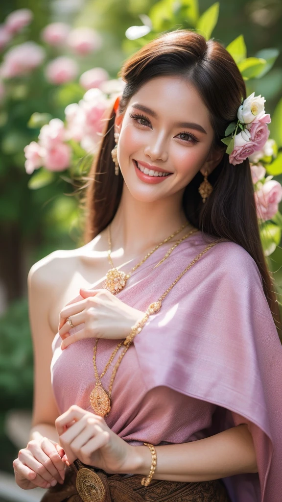 best quality : 1 woman , Thai girl in traditional Thai dress, bright pink and purple, complex pattern, Highly detailed, Beautiful smile,Look up at the audience., beautiful girl&#39;s body,The face is beautiful., Sharp and realistic., big, หน้าอกสวยbigโต, Hip fart, Wear luxurious diamond jewelry.., Pose professionally, colorful flower garden background, staring at the audience, Realistic 8K, UHD, Highly detailed, The surface is textured., Anatomically correct, best quality, 16k, UHD, full body