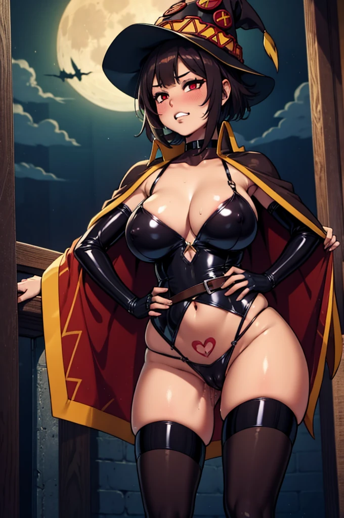 mature Waifu milf, masterpiece, curvy, breasts, red moon, full evil moon, gloves, 1girl, clenched teeth, cleavage, (megumin from kono subarashii sekai ni shukufuku wo! reimagined as a evil corrupted dominatrix milf succubus witch in the style of satou kuuki ), evil red eyes, breasts, teeth, ((evil megumin,:1.2)), ((big breasts:1.4)), rule34, evil fall, bad end, clenched hands, night, (white skin:1.4), clenched hand, solo, angry, lip biting, official illustration, illustration, detailed face, beautiful intricate eyes, voluptuous, chubby, curvy milf, 1:2), closeup, (official:1.4), cartoon ,dynamic composition, ( solo:1.4),{nsfw}, masterpiece, ultra-detailed, hentai(style), (dark heroine:1.2) dominatrix, bad end, mature female, standing, full body, looking at viewer, contrapposto, dark-skinned female, mind break, lips, eyelashes, erect nippels visible through clothing, sexy, evil red eye, pubic tattoo, dark aura, crotch_tattoo, venus body, anime face, moe, impossible clothes, used condom, slutty, evil red moon, full moon, (night:1.1),best quality, (beautiful lighting:1), pussy juice, cum dripping, succubus tattoo,