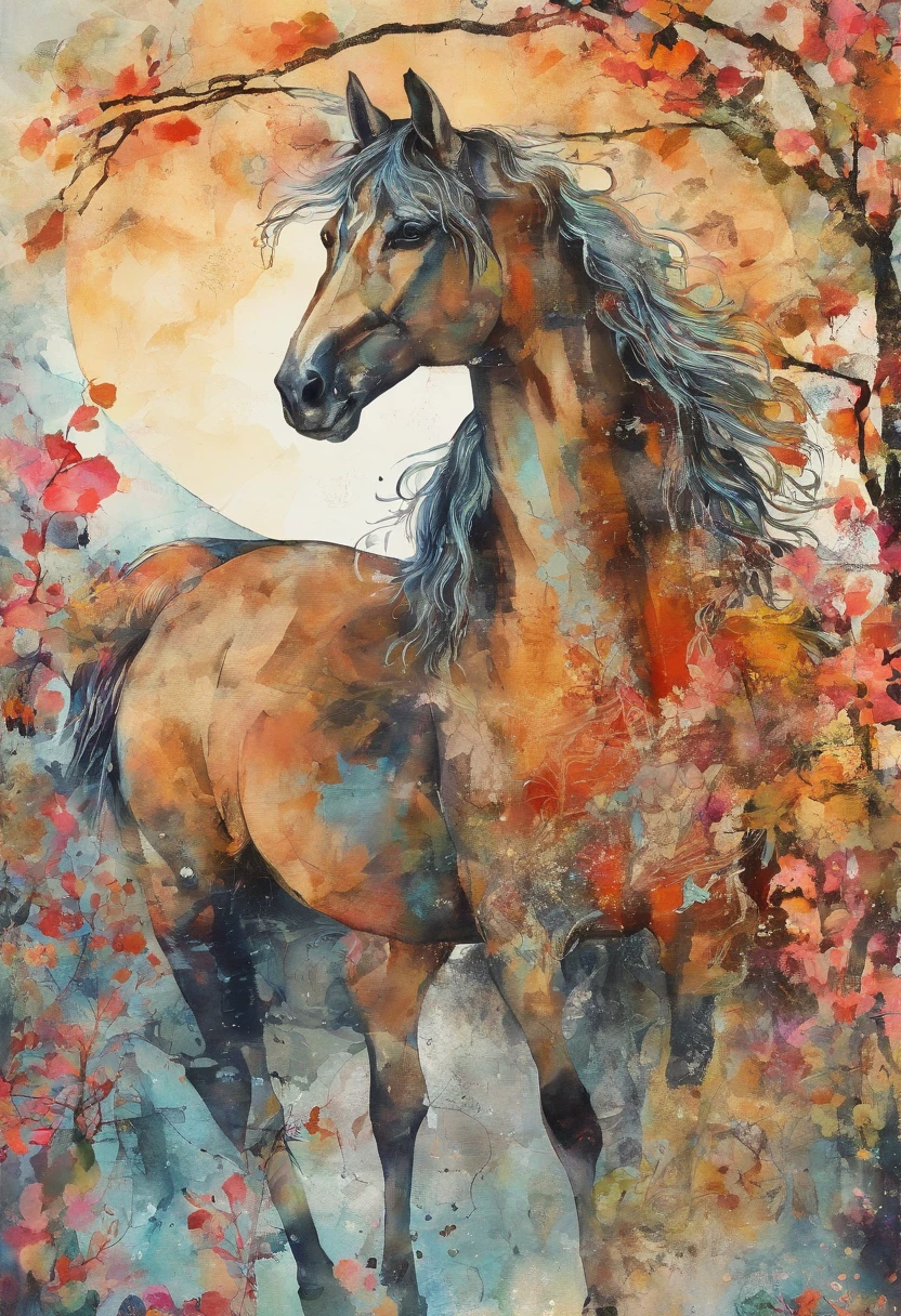 cheval nonchalant stoïque, regard vide froid, posture sage et droite, fond soleil rayonnant, fruiting apple trees :2 colorful ink painting ::2 art fantasy