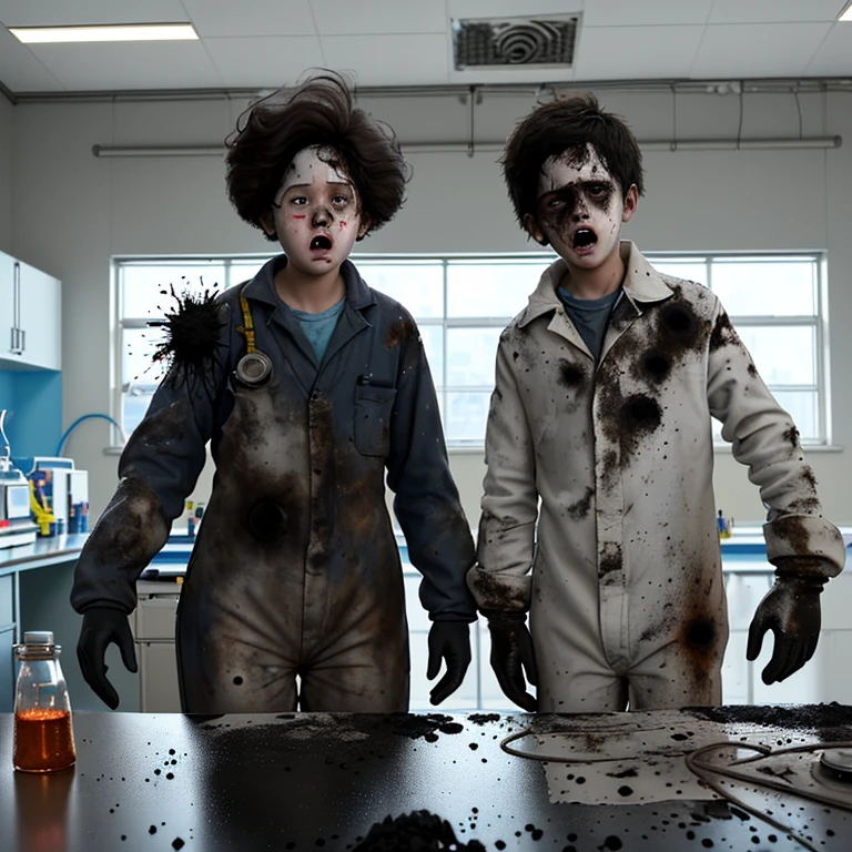 An explosion occurred during a scientific experiment in the science lab.、A slapstick comedy about a boy and girl covered in soot.