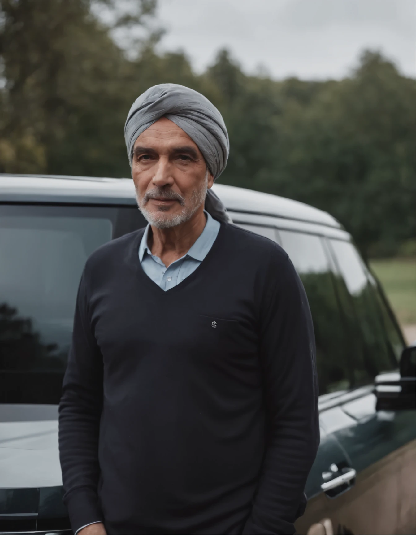 A man whose age is around 68 wearing a turban stands near his car(range rover) in his house, style is moody and tranquil scene, social media portrait, detailed portrait, (upper body)