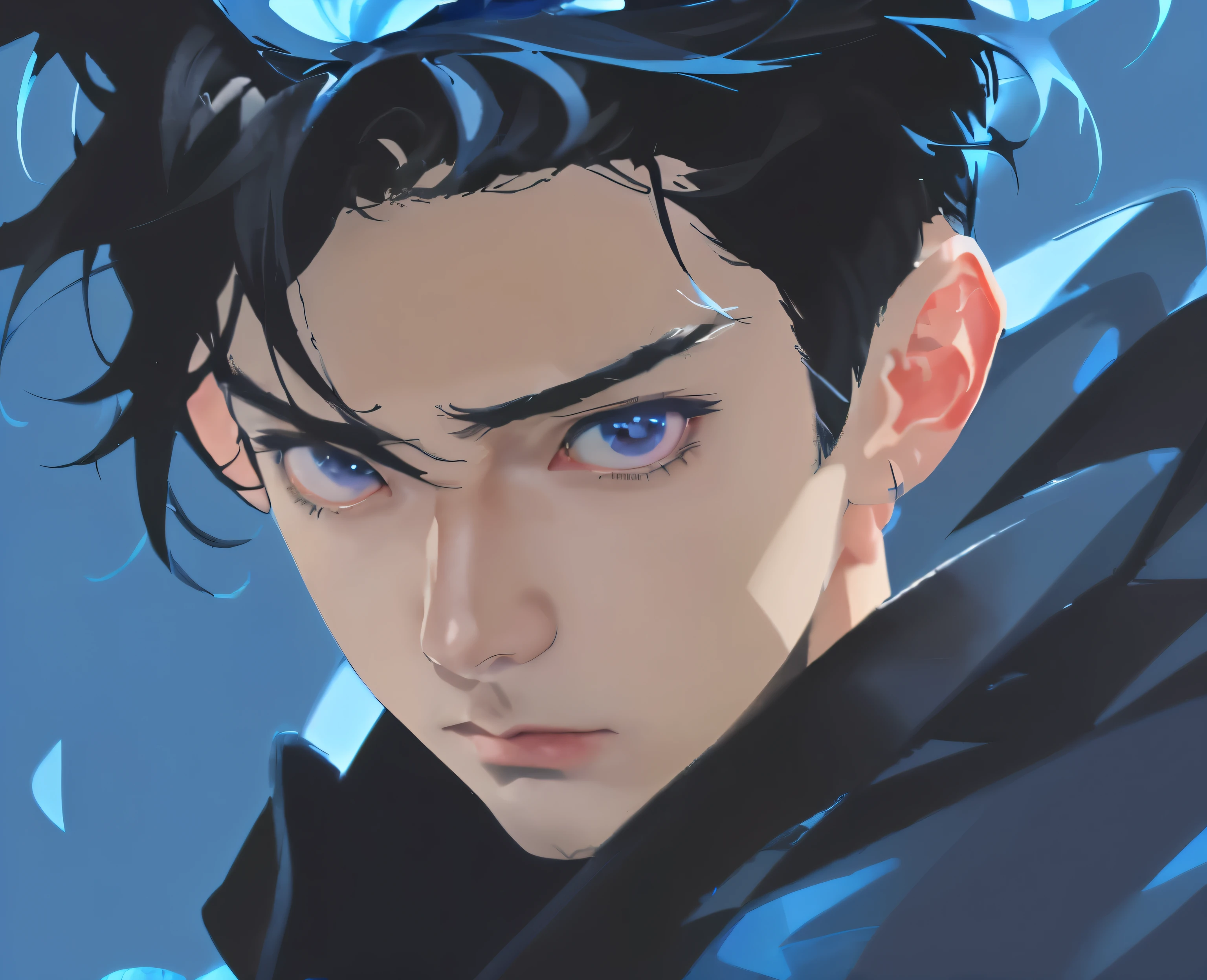 A black hair、Close up of man on blue background, Portraits inspired by Cheng Yanjun, tumblr, Serial art, Tall anime man with blue eyes, Anime portrait of a handsome man, Stunning anime face portraits, Male anime style, Anime handsome man, male anime character, Young anime man, The handsome guy in the Demon Slayer Corps