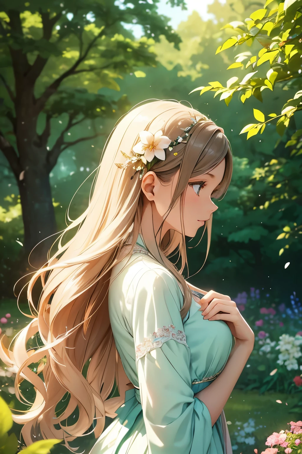 ,girl,side view,side view profile,detailed eyes,detailed lips,garden background,vibrant colors,soft lighting,ethereal mood,flowers in her hair,flowing dress,gentle breeze,peaceful atmosphere,natural beauty,long flowing hair,dainty fingers,subtle smile,sunlight filtering through trees,warm summer day,serene expression,magical ambiance
