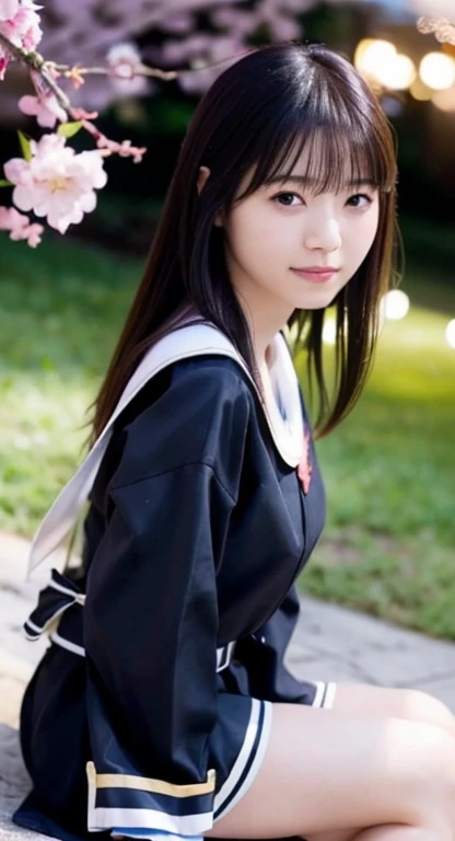 (highest quality,masterpiece:1.3,Ultra-high resolution),(Very detailed,Caustics,8k),(Realistic:1.4,RAW shooting),1 girl,Sitting,(smile),Looking into the camera,18-year-old,cute,Japanese,Black hair medium hair,(Sailor suit),glamorous,(Big Breasts),( close),(breast focus),darkness,Night Sky,Illuminated night cherry blossoms,Professional Writing,(Bust up shot),(inclined composition:1.3),(Low position:1.3),(Low Angle:1.3)