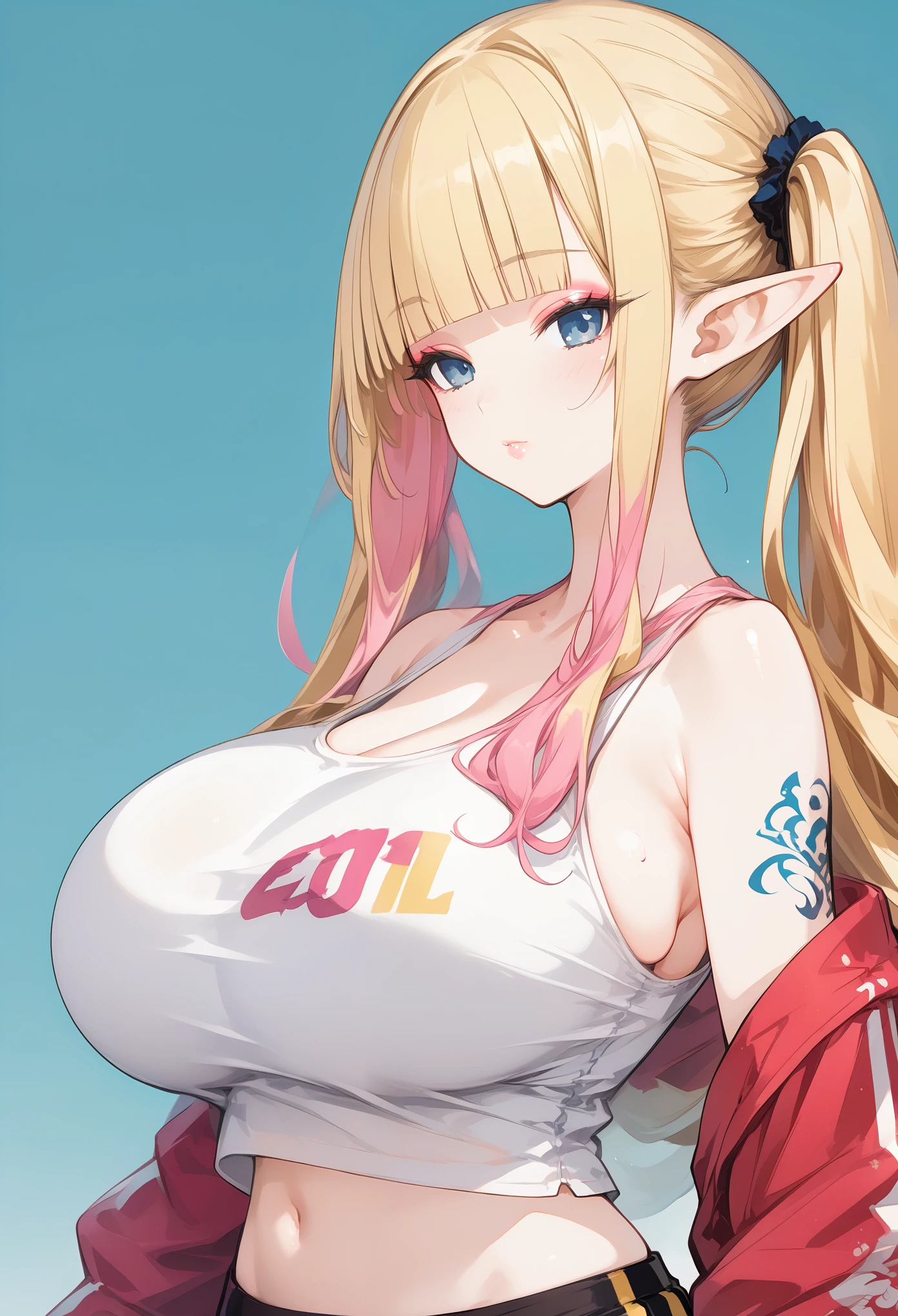 solo,eyeshadow,lip,Shiny eyelashes,pink hair,mature woman,blonde hair,((upper body)),(( straight hair)),(elf),((blunt bangs)),(Half Color hair), Twintail hair, tattoo, tank top, jersey pants,egirl_outfit ,huge breasts,gym,