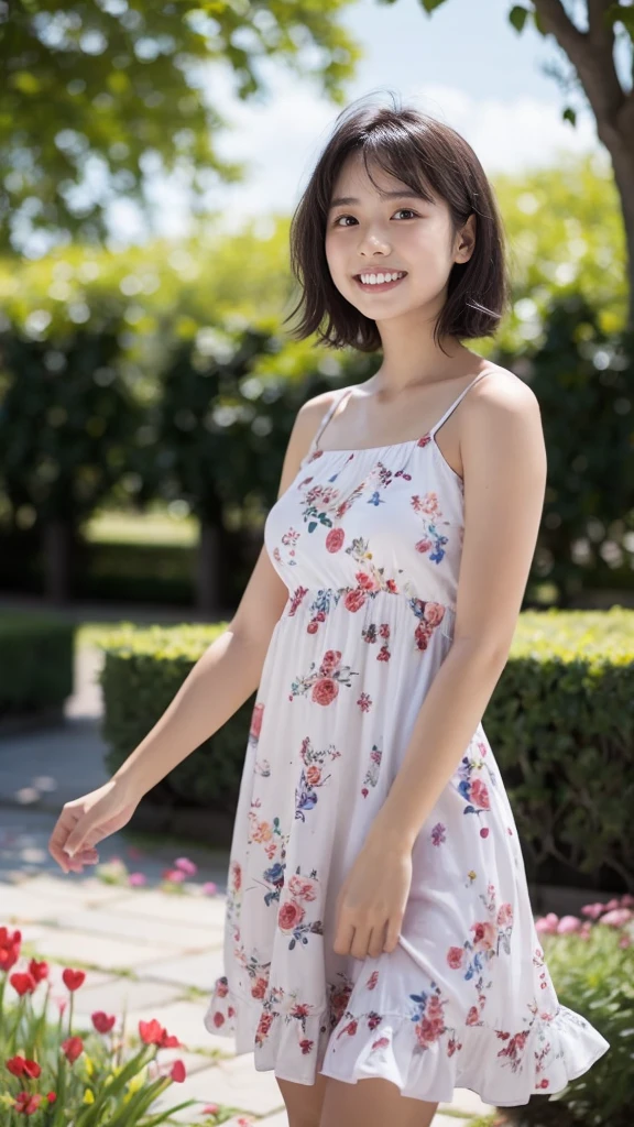 masterpiece, highest quality, disorganized, perfect anatomy, 1 girl, alone, pascal tales, short hair, beautiful, Hilarious, sunny day, botanical garden, Summer winds, sundress, Floral, wavy hair, smile