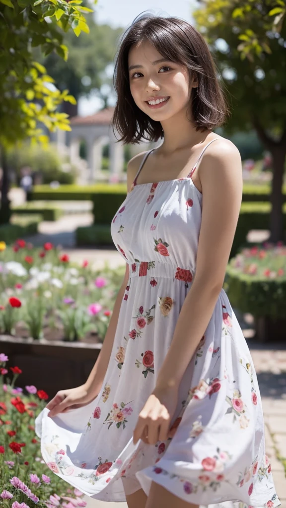 masterpiece, highest quality, disorganized, perfect anatomy, 1 girl, alone, pascal tales, short hair, beautiful, Hilarious, sunny day, botanical garden, Summer winds, sundress, Floral, wavy hair, smile