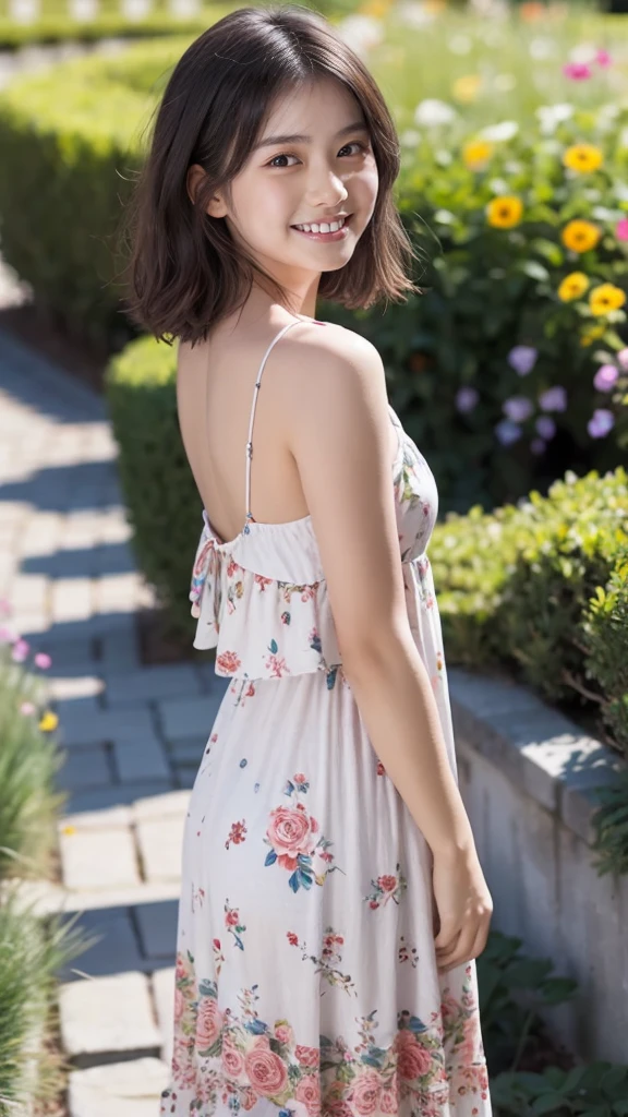masterpiece, highest quality, disorganized, perfect anatomy, 1 girl, alone, pascal tales, short hair, beautiful, Hilarious, sunny day, botanical garden, Summer winds, sundress, Floral, wavy hair, smile