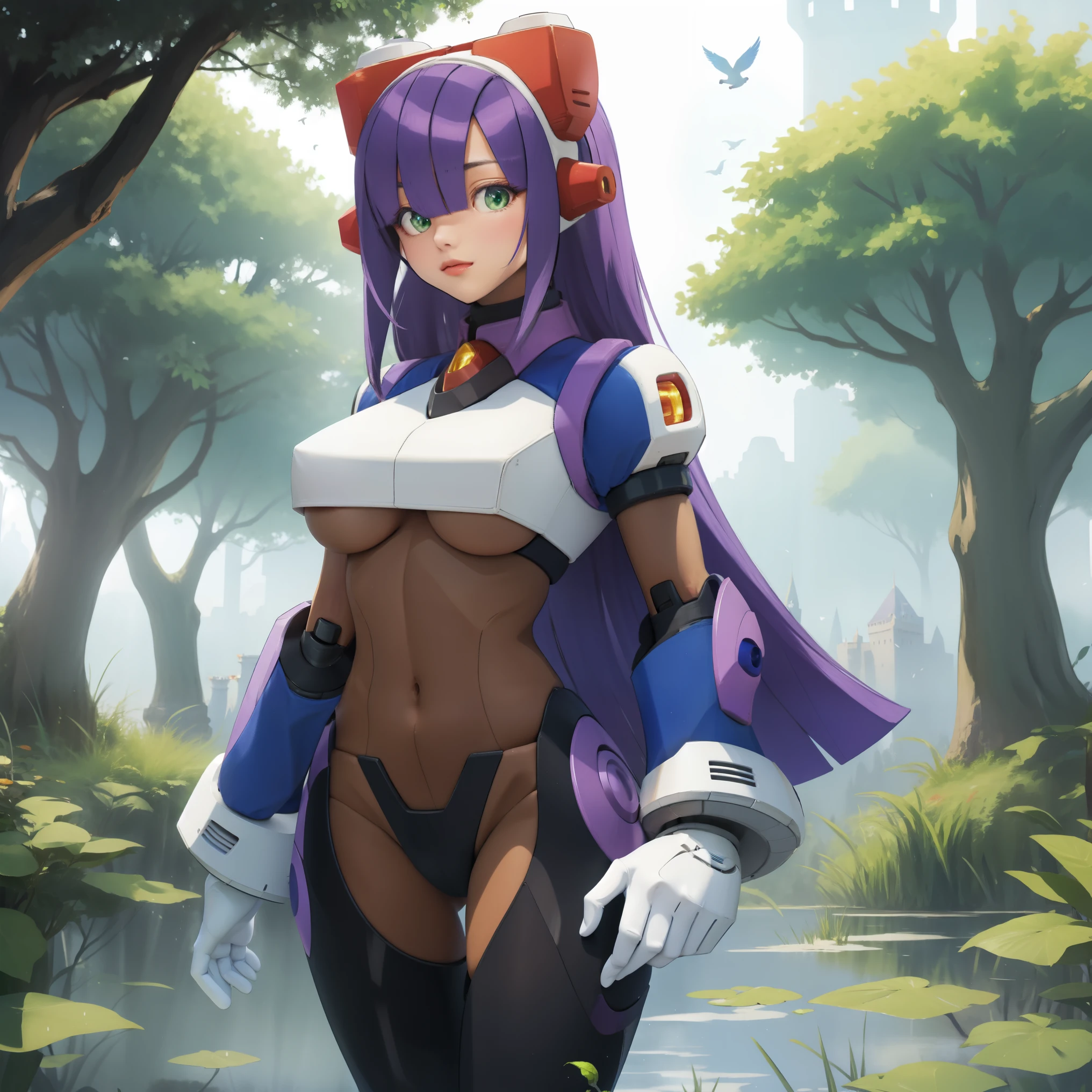 layer_megamanx, 1girl, solo, long hair, purple hair, green eyes, blunt bangs, hair over eyes, large breasts, dark skin, dark-skinned female, android, underboob, robot ears, high quality, masterpiece, standing next to a swamp and castle surrounded by mist, outdoors, tree, solo, from behind, bird, facing away, scenery