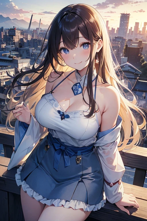 masterpiece, Sharp focus, (beautiful, Gorgeous and cute Japanese women:1.3), The Beauty of Japan, 繊細でbeautiful髪, Eyes and Face, 繊細でbeautiful指と手,Realistic, Very detailed, beautiful girl, blue sky, Glowing White Particles, (Side light:1.2), Light of the sun, White cloud, Detailed Clouds, thin, Very big breasts and very big hips, smile, ((目でsmile, Open both eyes)), scenery, Straight Long Hair, sexy look, building, (Cityscape:1.7), Dynamic Hair, Straight Long Hair, Brown hair detail, Blue eyes glow, ( Camisole and white mini skirt),, Pale skin,, epic scenery,