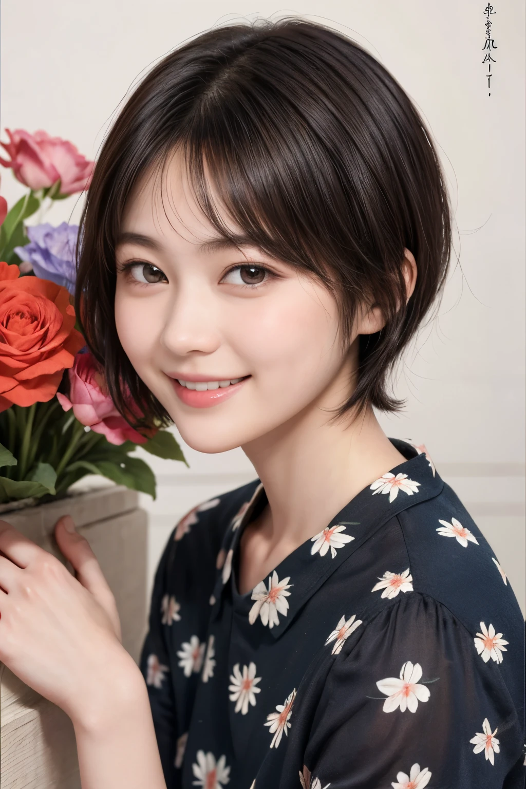 215 Short Hair, 20-year-old woman, A kind smile, Floral