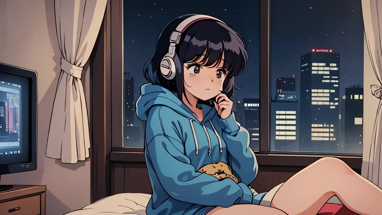 (80s anime),(city pop),(Ghibli),(ultra-detailed,master piece,best quality,high resolution,perfect eyes,perfect hands,ultra-detailed eyes,perfect fingers),(A young girl wearing headphones, a blue hoodie, and pants is looking down and crying in her room. You can see the city pop-style night view from the window. ),(the girl doesn't look this way),bookshelf, tv, bed,midnight
