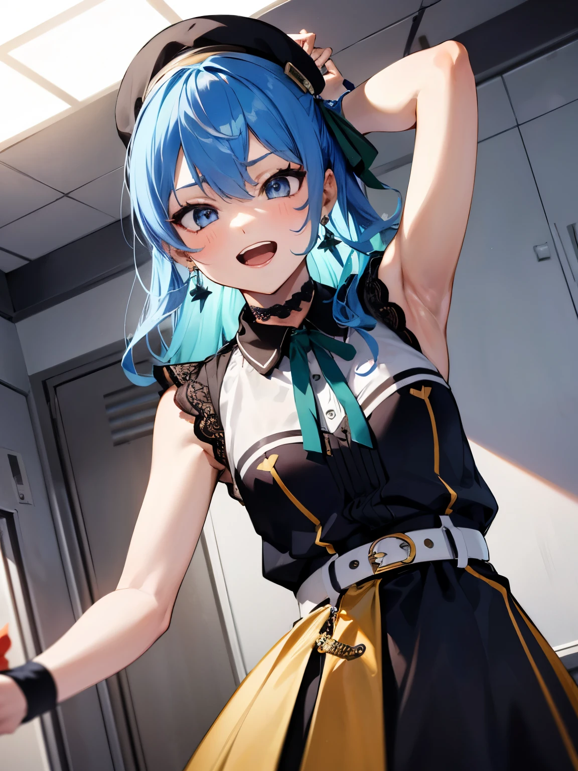 flat chest, from front,
SuiseiStreet, long hair, half updo, black beret, black dress, collared dress, sleeveless, bow earrings, lace choker, neck ribbon, black belt, orange pantyhose, o-ring thigh strap, single garter strap
,{{{flat chest}}}
,BREAK,
indoor locker room
,nipple_out,show off nipple, focus on nipple,
,arm pit, one_arm_up
,BREAK,
from front, upper body,
{{{troubled face:2.0}}}, troubled face,smile, open mouth, looking down at viewer