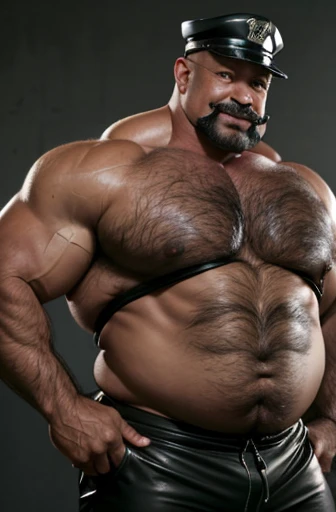  A very oiled shirtless full body bodybuilder smiling bald sweaty old man with big handlebar mustaches and a black leather police cap on his head extremely muscular and extremely fat over 70 years old weighs over 600 pounds very muscular very hairy big pecs with gynecomastia Big pointed and dark nipples wearing only black leather shorts 