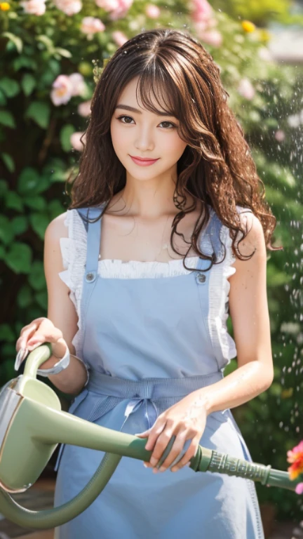 highest quality,masterpiece,超A high resolution,RAW Photos,One Girl,Loose perm hair、length、brown hair、Arms crossed、Japanese、Loose perm hair、length、brown hair、smile、Professional photography、Same skin type as humans、A woman dressed in Japan from head to toe、Blur the background、Anatomical accuracy、Very detailed and beautiful、Ultra HD、length、Her hair is flowing and sexy、Very detailed beautiful girl、Shoulder-length hair、Floristのスタッフ,Florist、White long skirt、Light brown sleeveless、apron、(Watering the flowers with a hose:1.4)、(Beautiful splashes of water and sunlight:1.2),Floristの店内