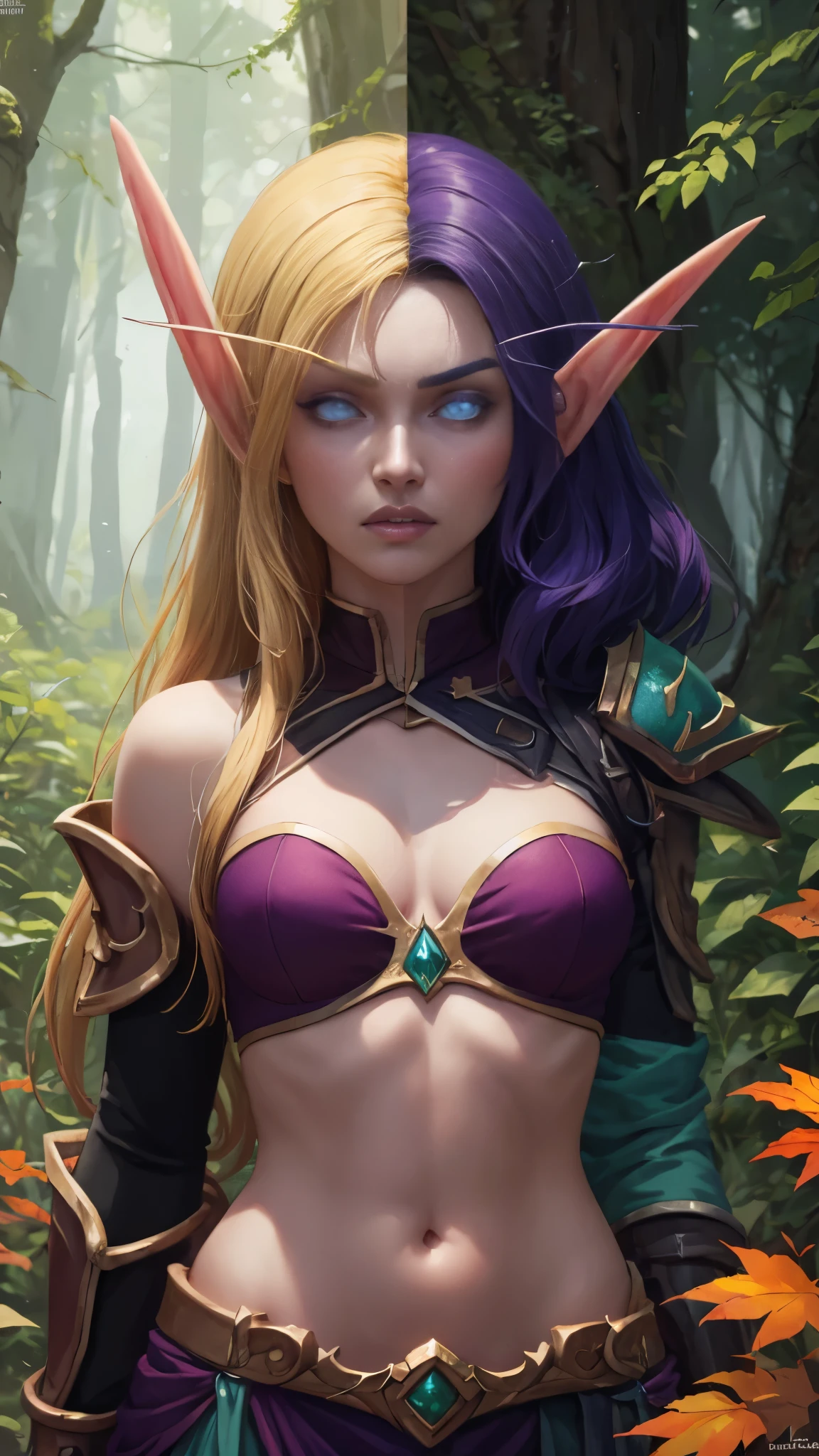 (Masterpiece, highly detailed, highly quality,  highly resolutions), SplitScreen, split screen, BREAK nightelf, angry, clenched teeth, glowing eyes, blue eyes, Purple Hair, colored skin, mature female, purple midriff, navel, purple spike shoulder pad, platinum trim, green leaves, jewelry, looking at viewer, forest, night, bare shoulders, spring season, SplitScreen, split screen, BREAK bldelf, angry, clenched teeth, glowing eyes, yellow eyes, Blonde hair, colored sclera, mature female, red short shirt, navel, red shoulder pad, gold trim, yellow leaves, jewelry, looking at viewer, forest, day, bare shoulders, Fall season