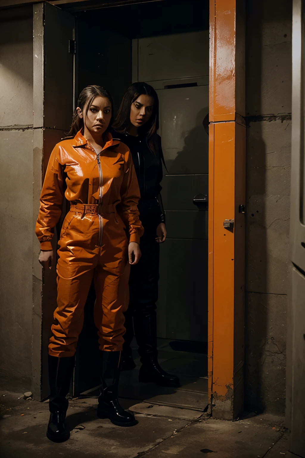 a prisoner girl in jail with her hands cuffed, wearing a zipped orange prison jumpsuit and black Hunter rubber boots, arrested by a female police officer wearing a leather uniform, standing fullbody veiw
