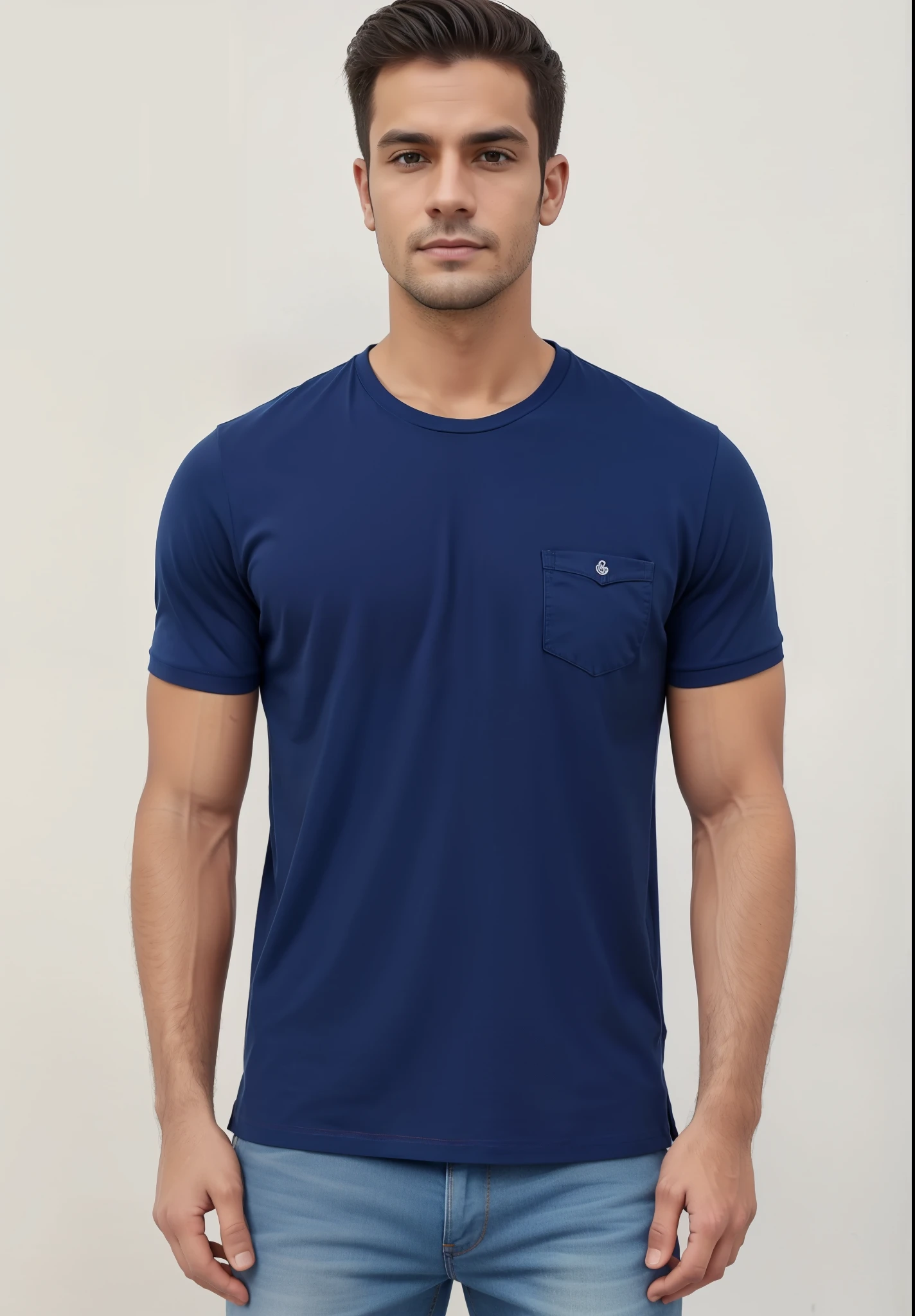 a man in a blue shirt and jeans stands with his hands in his pockets, Manga curta, azul-marinho, azul-marinho, camisa azul marinho, sport camiseta, wearing a camiseta, camiseta azul justa, camiseta, camiseta, wearing a dark blue polo shirt, camisa azul escura, em fundo cinza, foto do produto, Solid color