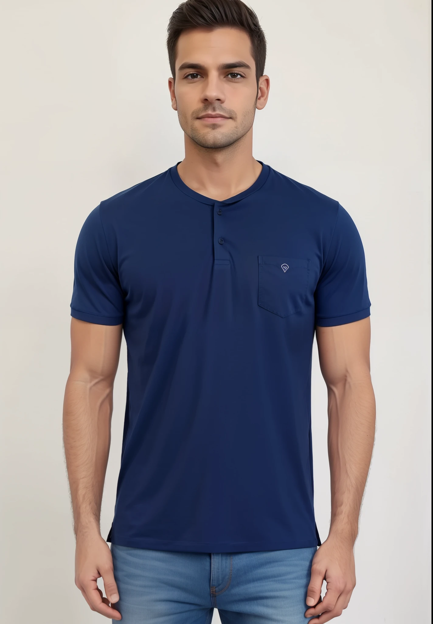 a man in a blue shirt and jeans stands with his hands in his pockets, Manga curta, azul-marinho, azul-marinho, camisa azul marinho, sport camiseta, wearing a camiseta, camiseta azul justa, camiseta, camiseta, wearing a dark blue polo shirt, camisa azul escura, em fundo cinza, foto do produto, Solid color