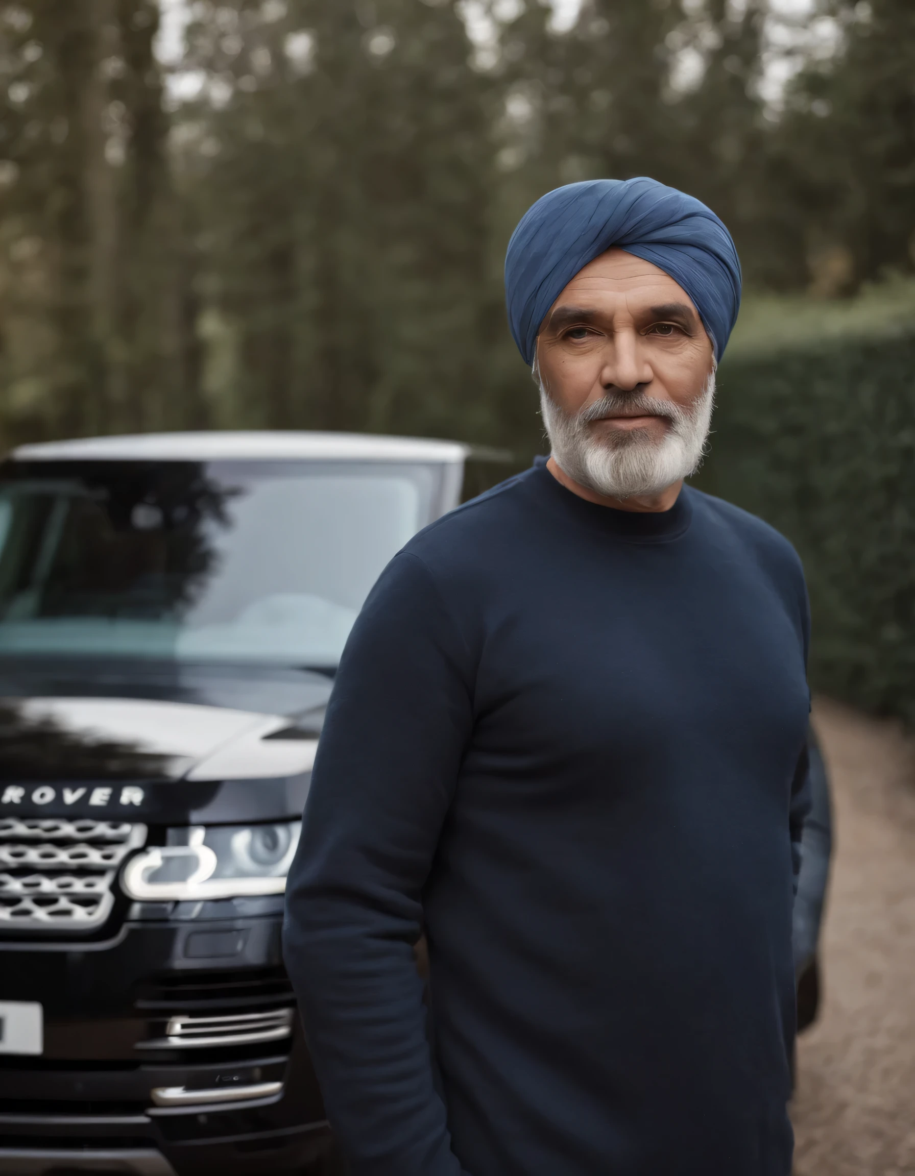 A man whose age is around 68 wearing a turban stands near his car(range rover) in his house, style is moody and tranquil scene, social media portrait, detailed portrait, (upper body). Try to make a picture with detailed in depth which can make looks like a real human