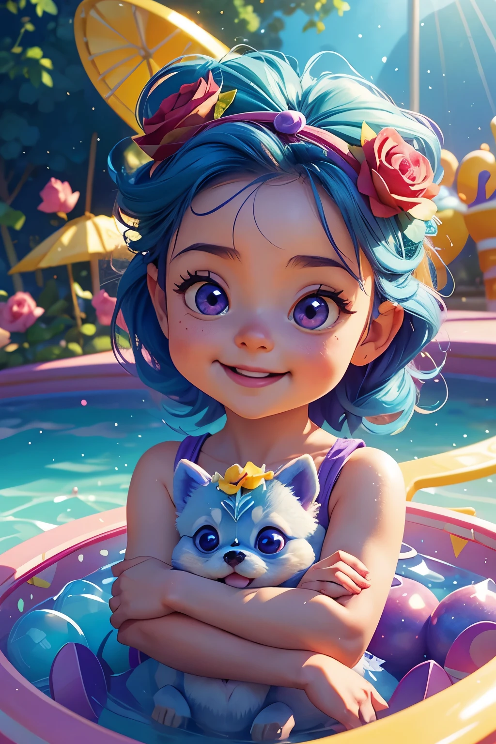 Cute baby Pixar style round blue red Pomeranian baby, little one, with cute ears, happy laughter, purple water spirit big eyes, with light green fairy color rose sea, yellow background, sunlight down, fairy tale world, HD Dinis, super details, wearing a beautiful garland, playing with daddy in the amusement park,