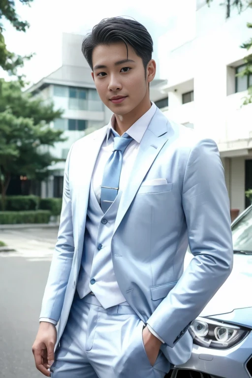 (( The sunset rays shine from the front, and the skin is fair and the face is very bright and natural.))(( A young Japanese man makes eye contact and smiles))(( Real photos high resolution and high quality)) asian man in a Blue Suit standing in front of a car, wearing a light Blue Suit, , Skinny light blue neoprene suit, Blue Suit, Wearing a stylish suit, Wearing a suit, Deluxe suit,