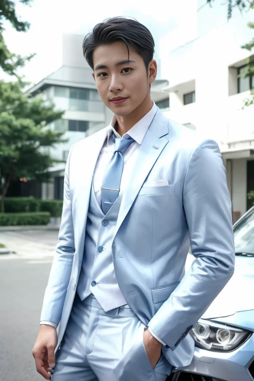 (( The sunset rays shine from the front, and the skin is fair and the face is very bright and natural.))(( A young Japanese man makes eye contact and smiles))(( Real photos high resolution and high quality)) asian man in a Blue Suit standing in front of a car, wearing a light Blue Suit, , Skinny light blue neoprene suit, Blue Suit, Wearing a stylish suit, Wearing a suit, Deluxe suit,