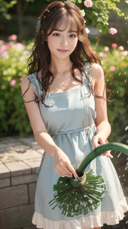 highest quality,masterpiece,超A high resolution,RAW Photos,One Girl,Loose perm hair、length、brown hair、Arms crossed、Japanese、Loose perm hair、length、brown hair、smile、Professional photography、Eye contact with the audience、Same skin type as humans、A woman dressed in Japan from head to toe、Blur the background、Anatomical accuracy、Very detailed and beautiful、Ultra HD、length、Her hair is flowing and sexy、Very detailed beautiful girl、Shoulder-length hair、Floristのスタッフ,Florist、White long skirt、Light brown sleeveless、apron、(Watering the flowers with a hose:1.4)、(Beautiful splashes of water and sunlight:1.2),Floristの店内
