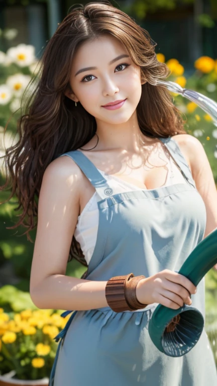 highest quality,masterpiece,超A high resolution,RAW Photos,One Girl,Loose perm hair、length、brown hair、Arms crossed、Japanese、Loose perm hair、length、brown hair、smile、Professional photography、Eye contact with the audience、Same skin type as humans、A woman dressed in Japan from head to toe、Blur the background、Anatomical accuracy、Very detailed and beautiful、Ultra HD、length、Her hair is flowing and sexy、Very detailed beautiful girl、Shoulder-length hair、Floristのスタッフ,Florist、White long skirt、Light brown sleeveless、apron、(Watering the flowers with a hose:1.4)、(Beautiful splashes of water and sunlight:1.2),Floristの店内