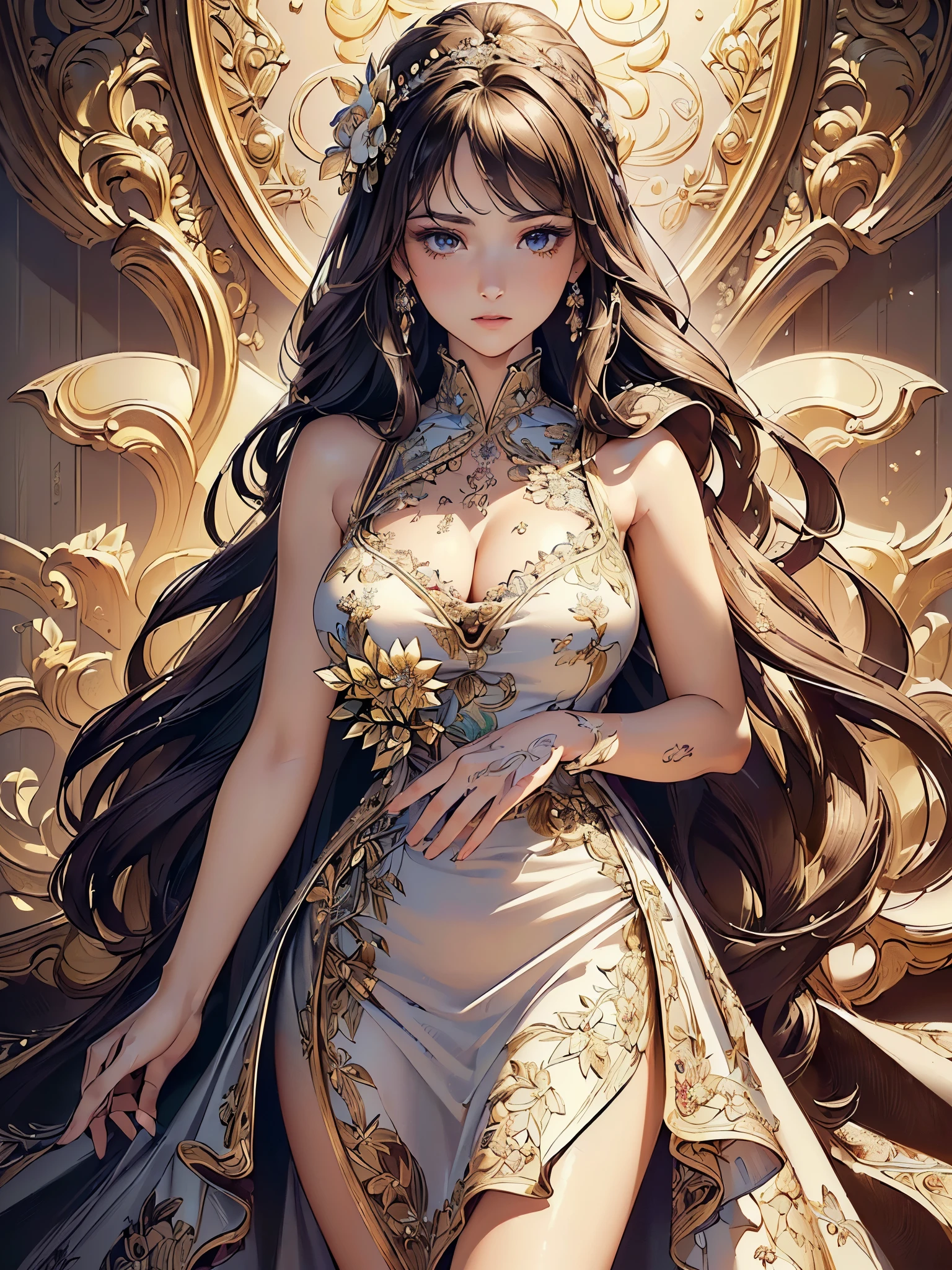 ((highest quality)),(Ultra-high resolution),(Very detailed),(Detailed Description),((The best CG)),(A masterpiece),Ultra-precise art,amazing drawing art,(Art with precise detail:1.5), (woman:1.4), (A front-open dress with detailed and detailed depictions:1.6),Floral embroidery:1.7,Scattered gems:1.5, The sparkle pours down:1.6