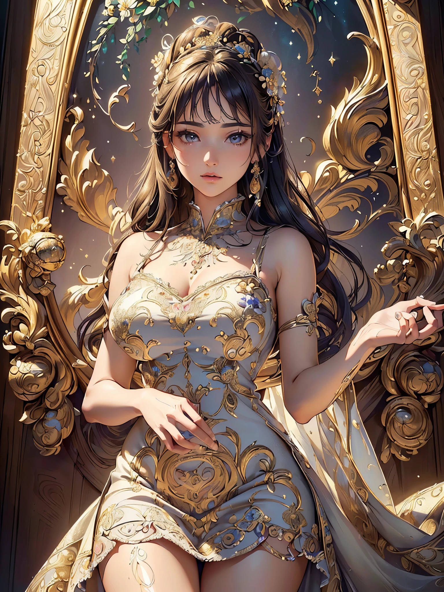 ((highest quality)),(Ultra-high resolution),(Very detailed),(Detailed Description),((The best CG)),(A masterpiece),Ultra-precise art,amazing drawing art,(Art with precise detail:1.5), (woman:1.4), (A front-open dress with detailed and detailed depictions:1.6),Floral embroidery:1.7,Scattered gems:1.5, The sparkle pours down:1.6