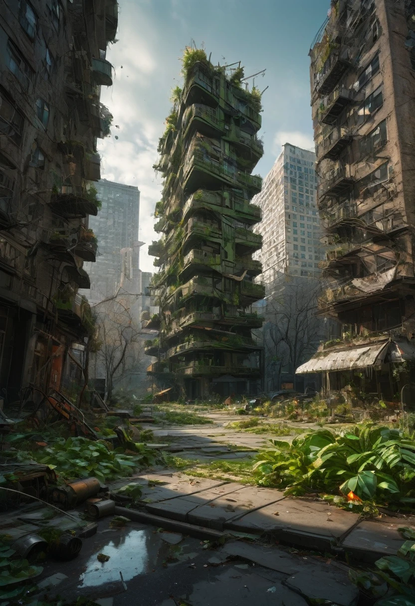 1girl, Post-Apocalyptic Wasteland, Post-apocalyptic cityscape. Toppled skyscrapers, abandoned playgrounds, trees and plants growing up through the sidewalk, photo-realistic, Intricately detailed architecture, green, black, dynamic volumetric lighting and color, 8K resolution, fall-out, nuclear winter.