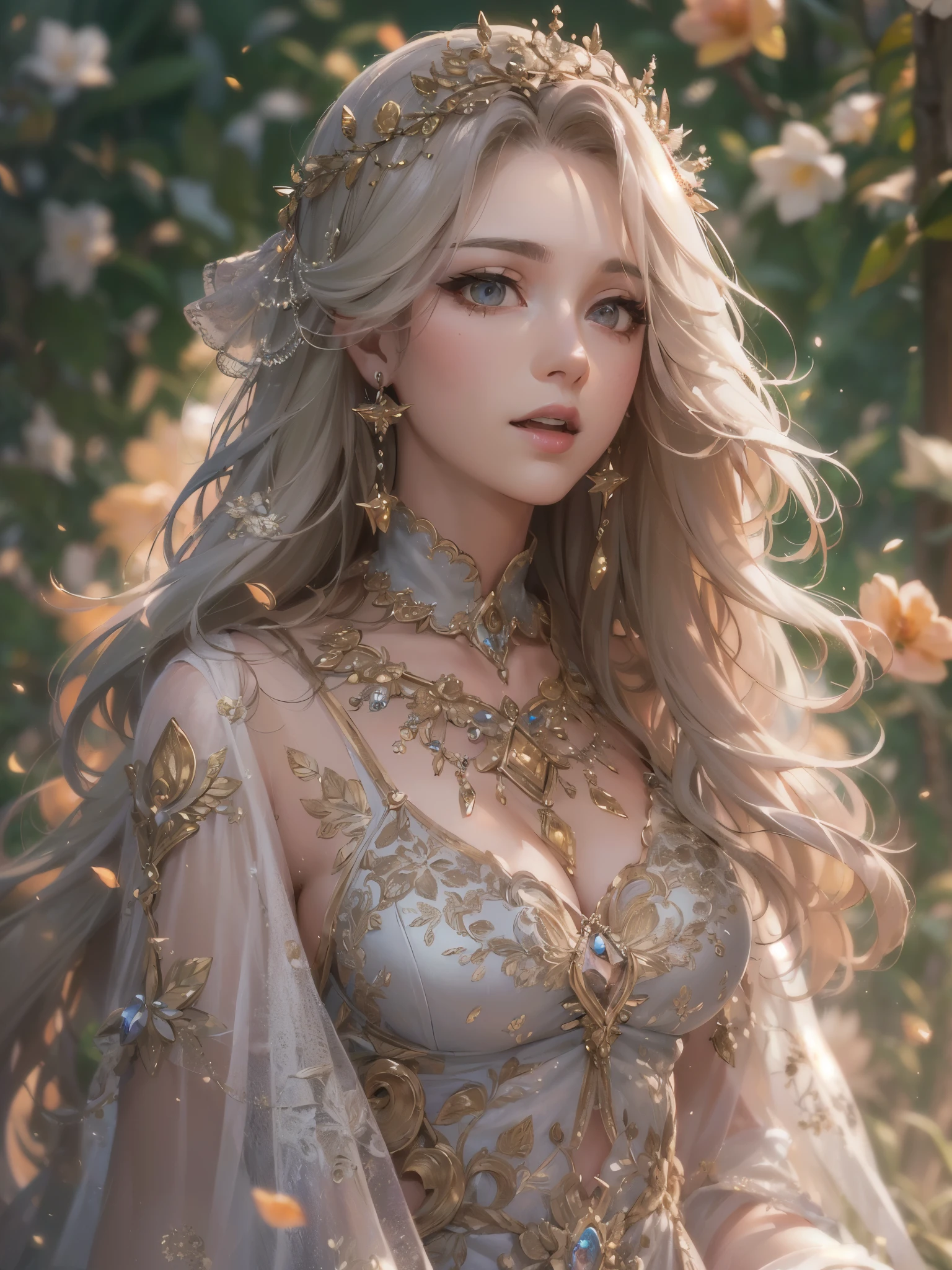 ((highest quality)),(Ultra-high resolution),(Very detailed),(Detailed Description),((The best CG)),(A masterpiece),Ultra-precise art,amazing drawing art,(Art with precise detail:1.5), (woman:1.4), (A front-open dress with detailed and detailed depictions:1.6),Floral embroidery:1.7,Scattered gems:1.5, The sparkle pours down:1.6