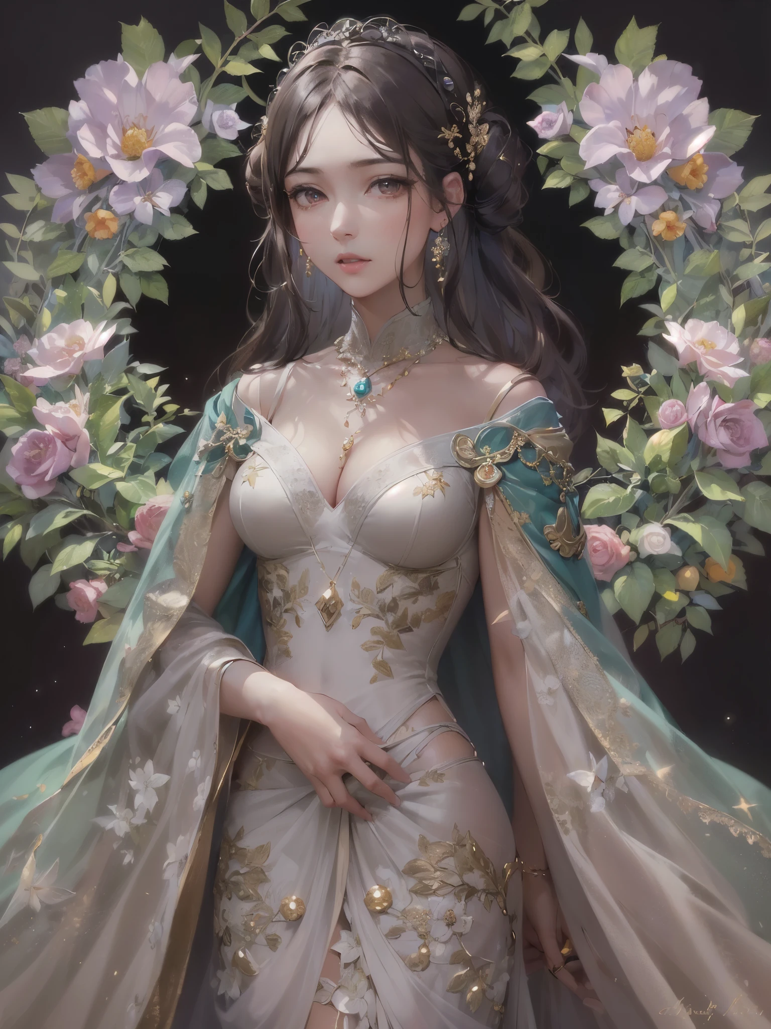 ((highest quality)),(Ultra-high resolution),(Very detailed),(Detailed Description),((The best CG)),(A masterpiece),Ultra-precise art,amazing drawing art,(Art with precise detail:1.5), (woman:1.4), (A front-open dress with detailed and detailed depictions:1.6),Floral embroidery:1.7,Scattered gems:1.5, The sparkle pours down:1.6
