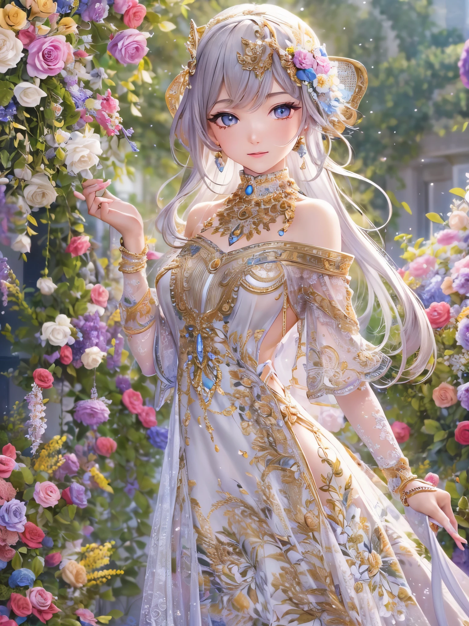 A woman in a dress and headpiece standing in front of flowers - SeaArt AI
